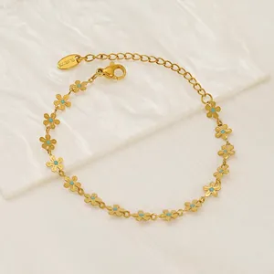 Flower Link Bracelet Stainless Steel 18K Gold Plated Blue Turquoise Inlay Summer Minimalist Style For Women