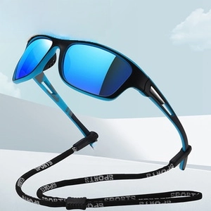 Polarized sports sunglasses with blue mirrored lenses and a detachable woven sports strap
