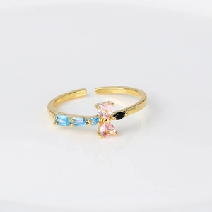 Adjustable gold ring featuring dual pink heart zircons and colorful rectangular stones