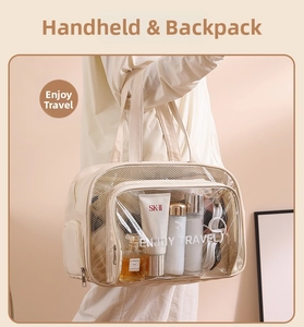 Detail of the large dry-wet travel toiletry bag with Enjoy Travel printing