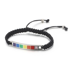 Rainbow stainless steel curved plate black woven bracelet with pink crystal for couples