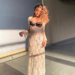 Summer lace sheer U-neck dress with ribbon ties and long sleeves in cream white