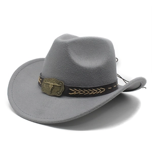 Grey western cowboy felt hat with a vintage leather band and bull head metal buckle