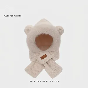 Detail of plush faux rabbit fur hood with cute bear ears and thick knit texture