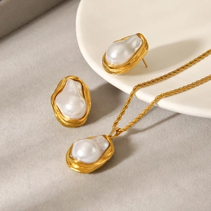 Artificial Baroque Pearl Jewelry Set Stainless Steel Necklace Earrings Ring French Vintage Waterproof Elegant For Women