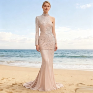 One Shoulder High Neck Evening Dress Mesh Rhinestone Sequin Fishtail Sexy Slim Formal Party Gown For Women Elegant