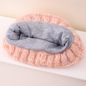 Pink chunky knit kids beanie with colorful fibers and warm grey lining for winter