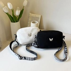 Nylon Crossbody Bag Women Small Square Shoulder Bag With Butterfly Decor Wide Letter Print Strap Korean Ins Fashion Casual