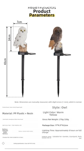 Detailed dimensions of solar owl garden lights with white and brown resin finish