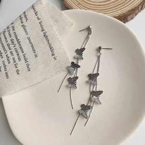 Detailed close-up of butterfly tassel earrings with hollow design and silver finish