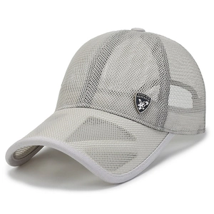 Breathable grey mesh baseball cap with silver metal shield patch for outdoor sports
