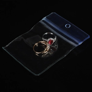 Clear PVC jewelry zip lock bag with hang hole showing high transparency for storage
