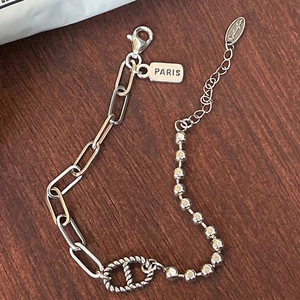 S925 sterling silver beaded bracelet with paperclip chain and interlocking twist rings