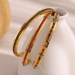 18K gold plated stainless steel bangles with colorful rhinestones in a C-shaped design