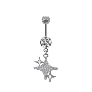 Sparkling silver star belly button ring with round zircon stones on white background