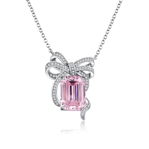 Élégant collier en argent S925 avec une pierre rose et un pendentif noeud en diamants