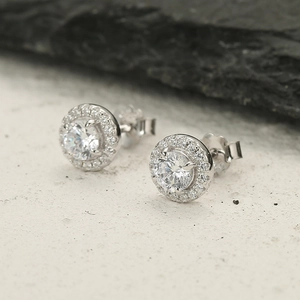 Elegant S925 sterling silver round halo stud earrings with shimmering cubic zirconia stones