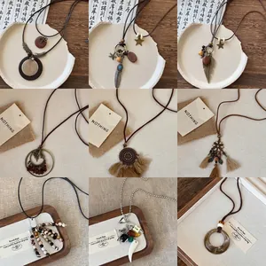 Long Sweater Necklace Alloy Wood Leather Rope Resin Shell Artificial Pearl Stone Bohemian Ethnic Vintage Zen Jewelry For Women