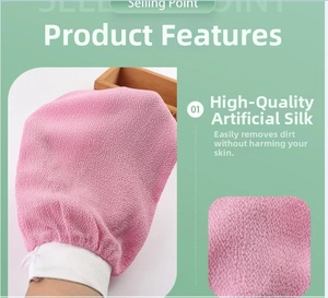 Macro detail of pink exfoliating bath glove texture with elastic wrist band