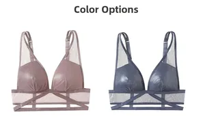 Detail showing sheer mesh panels and cross-strap hem on v-neck wire-free bras