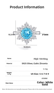 Detailed size parameters for the S925 silver snowflake ring with blue cubic zirconia
