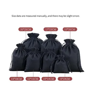 Black canvas drawstring pouches displayed in seven sizes from 8x10cm to 20x25cm for jewelry