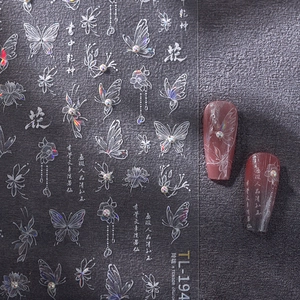 Nail art sticker TL-194 with butterfly motifs and 3D pearl texture on purple nails