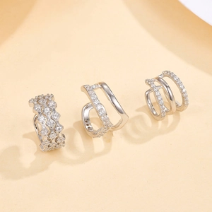 Three-piece S925 sterling silver ear cuffs with micro-set zircon in a geometric design