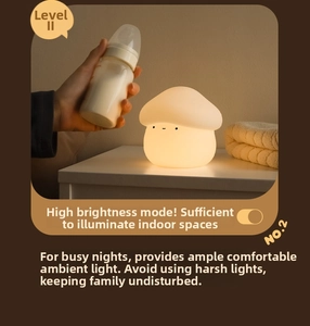 Detail of mushroom silicone night light with warm glow on bedside table for baby nursery