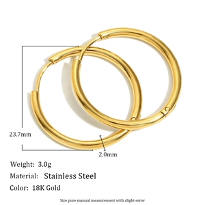 Detail of 2mm thick 18K gold plated stainless steel hoop earrings with 23.7mm diameter