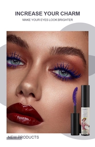 Close-up of vibrant blue mascara on lashes and the Dragon Ranee 5g mascara tube