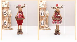 Detail of extendable Christmas elk plush dolls in red plaid vest and sequin outfits
