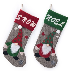 Set of red and green gnome Christmas stockings with SNOW and NOEL embroidery