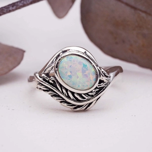 Vintage Leaf Branch Ring For Women Alloy Synthetic Opal Inlay Bohemian Antique Style Geometric Finger Jewelry