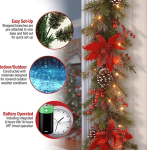 Close-up of Christmas garland with LED lights, red poinsettia, and auto-timer battery box