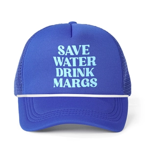 Blue trucker hat with Save Water print and white rope detail on a white background