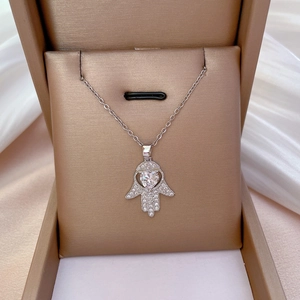 Hamsa Hand Pendant Necklace Titanium Steel Chain Copper Heart Cubic Zirconia Inlaid Elegant Spiritual Jewelry