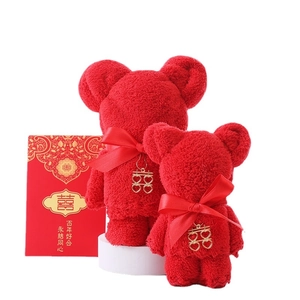 Red coral fleece towel bear set with double happiness pendant for wedding gift