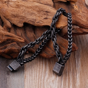 Vintage oxidized silver double-layer keel chain bracelet with magnetic clasp for men