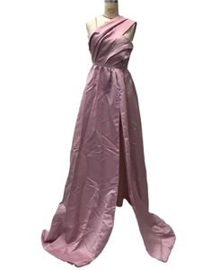 Detailed view of lilac satin gown with one-shoulder drape and elegant high slit design