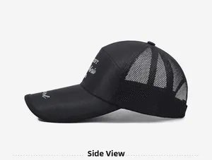 Side view of black mesh baseball cap with Sport text and long brim for sun protection