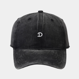 Vintage washed dark grey cotton baseball cap with white D letter embroidery for casual wear