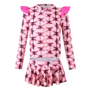 Girls long sleeve two-piece swimsuit with pink tie-dye pattern and ruffled shoulders