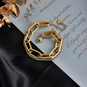 Double-layer gold chain bracelet with chunky oval links and K18 engraved metal tag