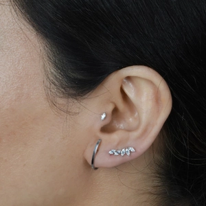 Close-up of S925 silver dragonfly marquise diamond ear studs and cartilage hoops on model