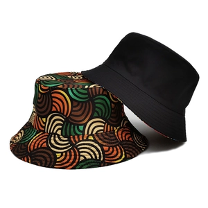 Retro geometric wave pattern and solid black reversible cotton bucket sun hat