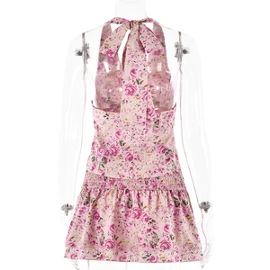 Detailed back view of a pink floral halter neck top and A-line skirt set with elastic waist