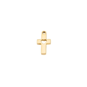 Macro shot of a golden stainless steel cross pendant featuring a hollow heart detail