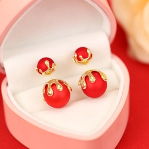 Matte red double ball stud earrings with gold liquid metal finish in heart gift box