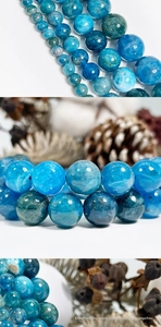 Macro shot of natural blue apatite beads with distinct textures and crystal clarity